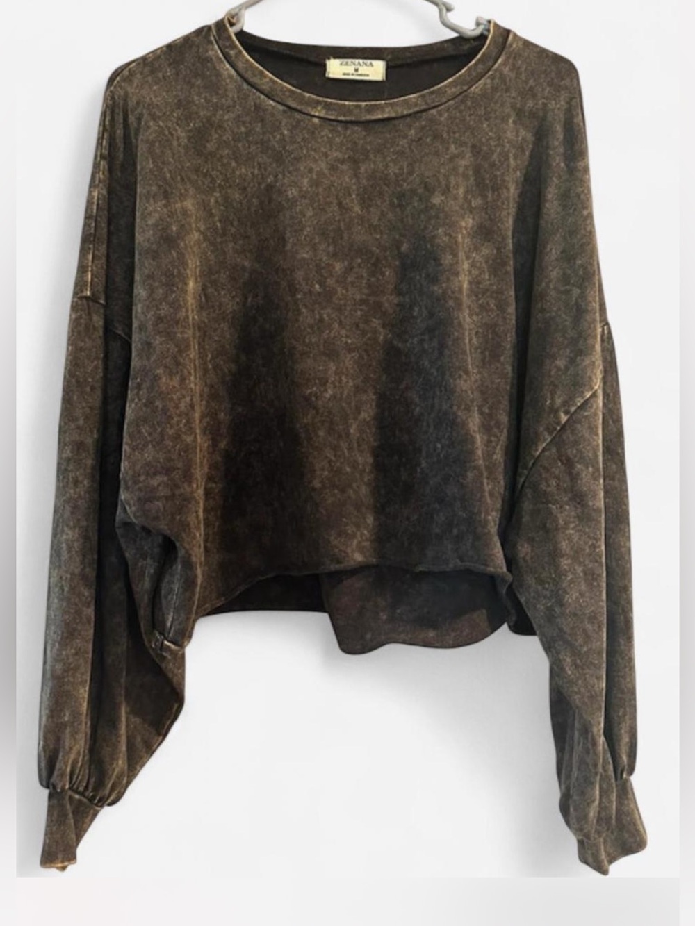Zenana Brown Mineral-Wash Cropped Oversized Relaxed Sweatshirt